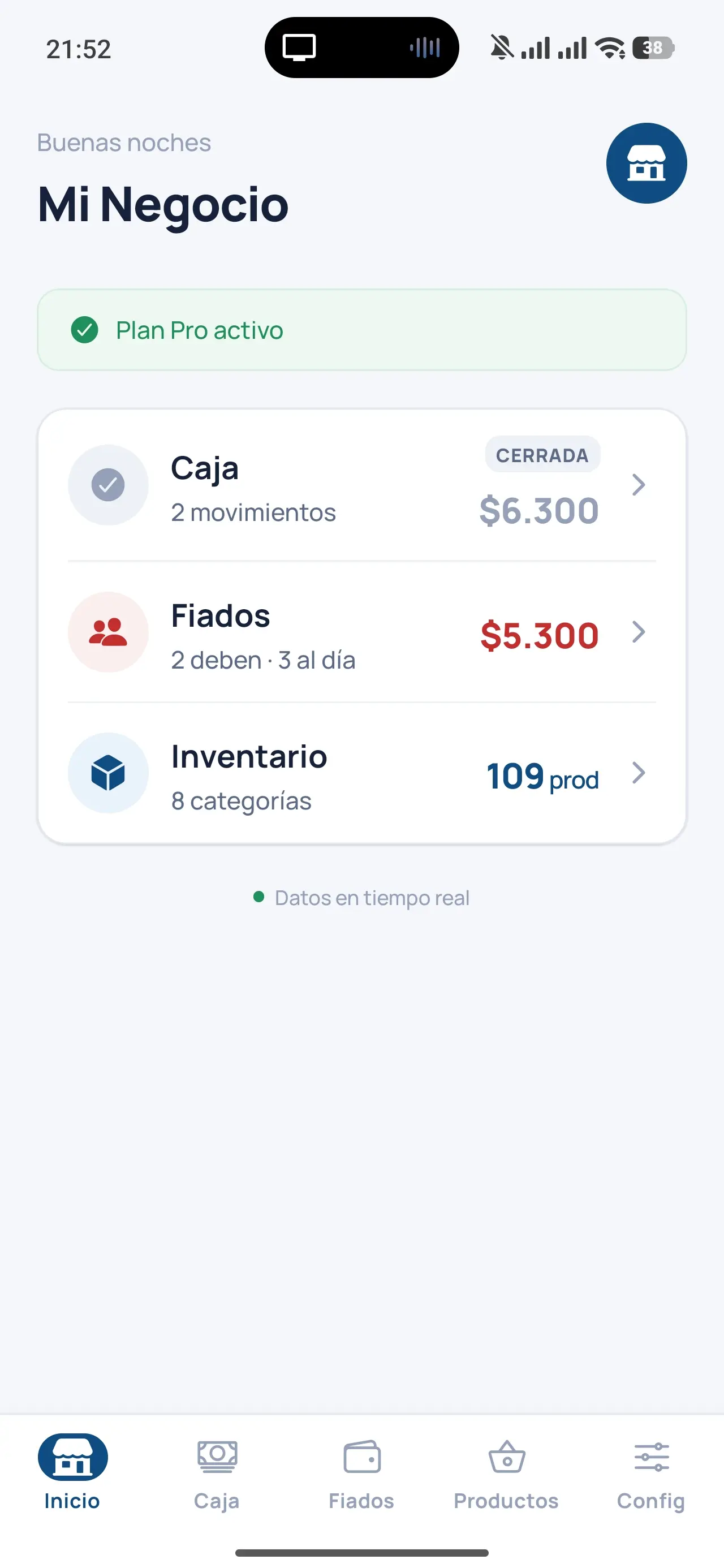 Home principal de Mi Almacén con caja, fiados e inventario