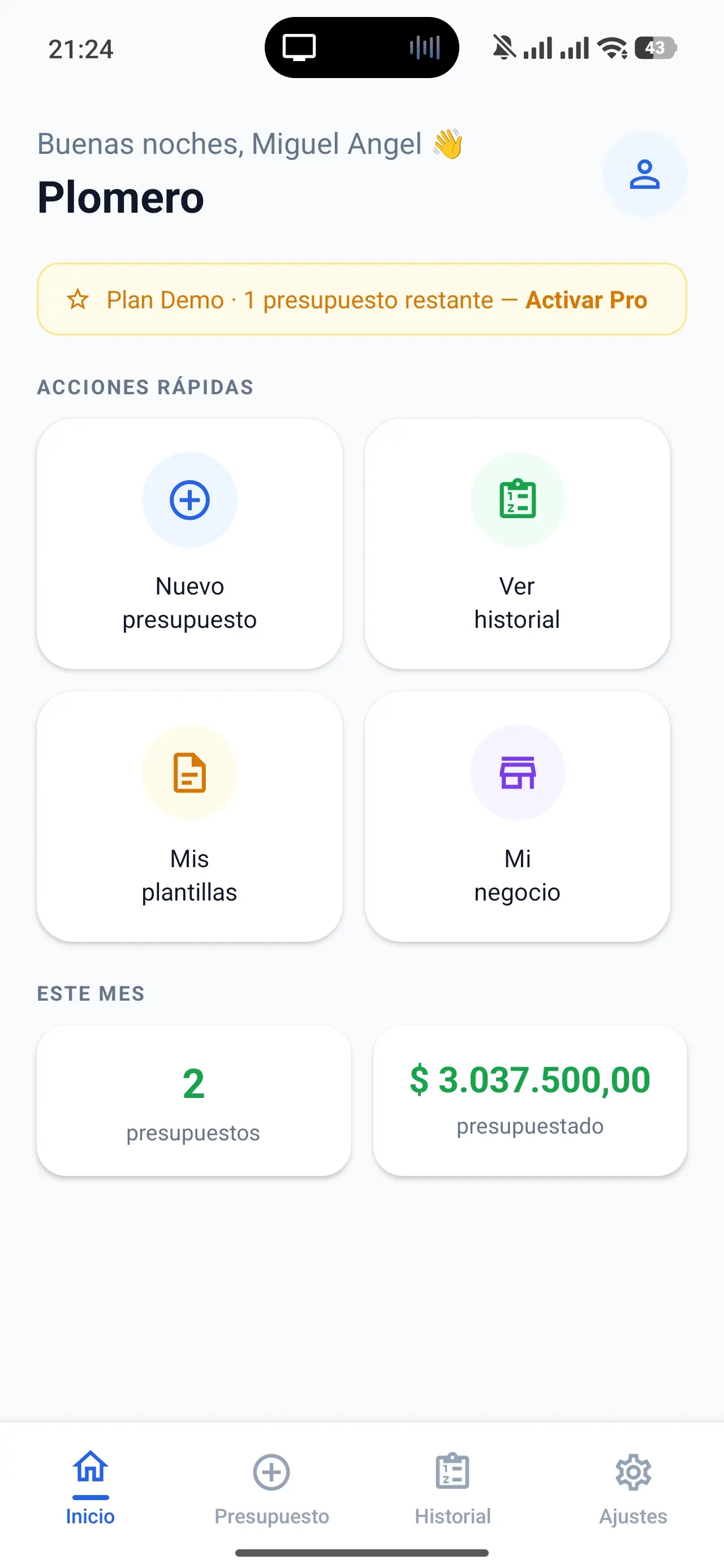 Home principal de PresuPDF con accesos rápidos y resumen del mes