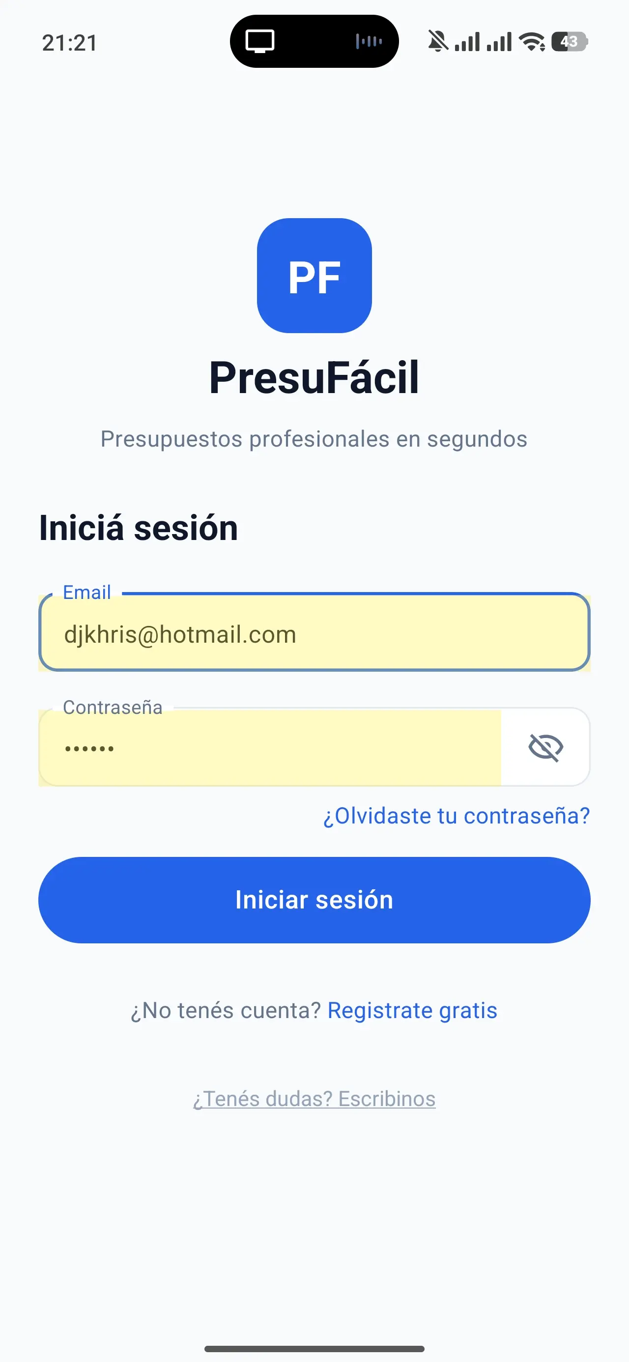 Pantalla de inicio de sesión de PresuPDF