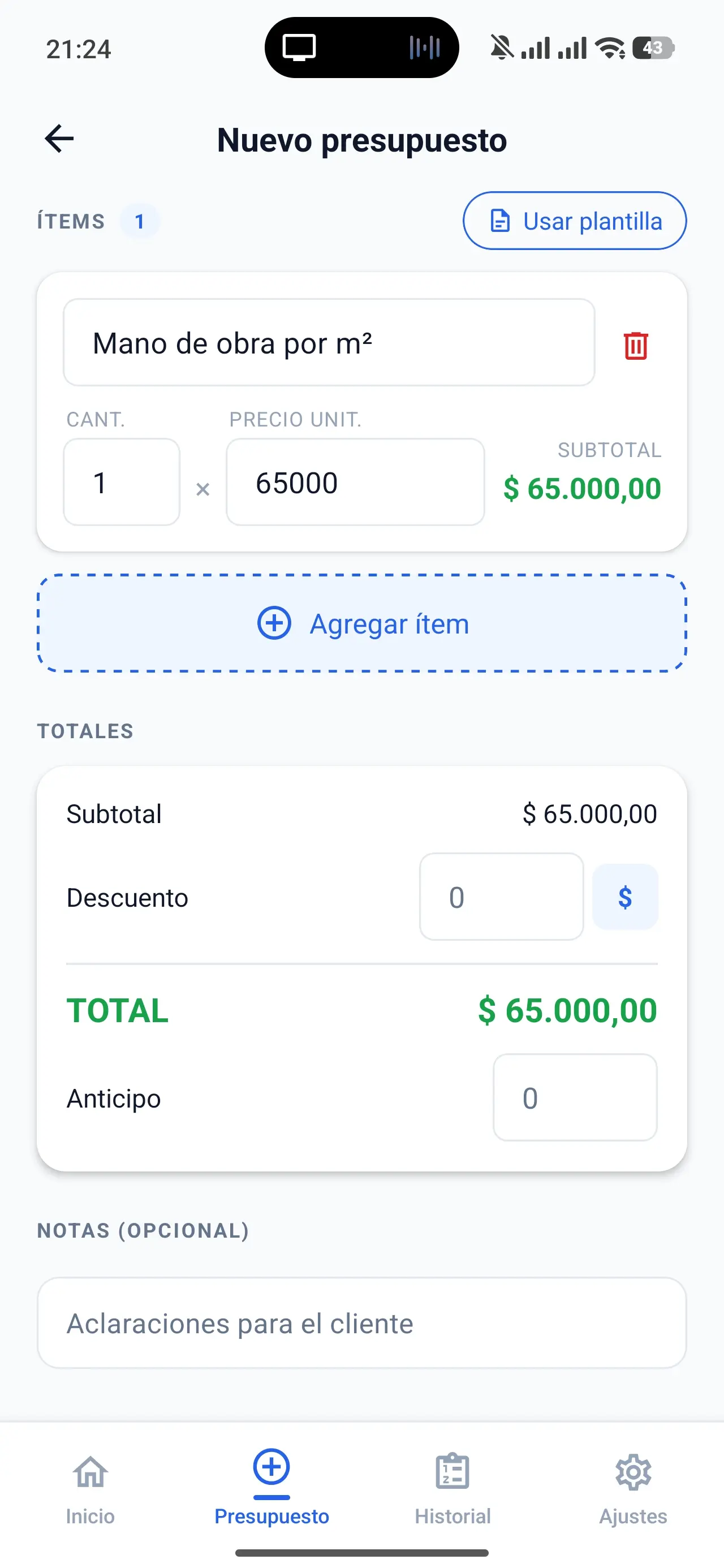 Creación de un nuevo presupuesto en PresuPDF