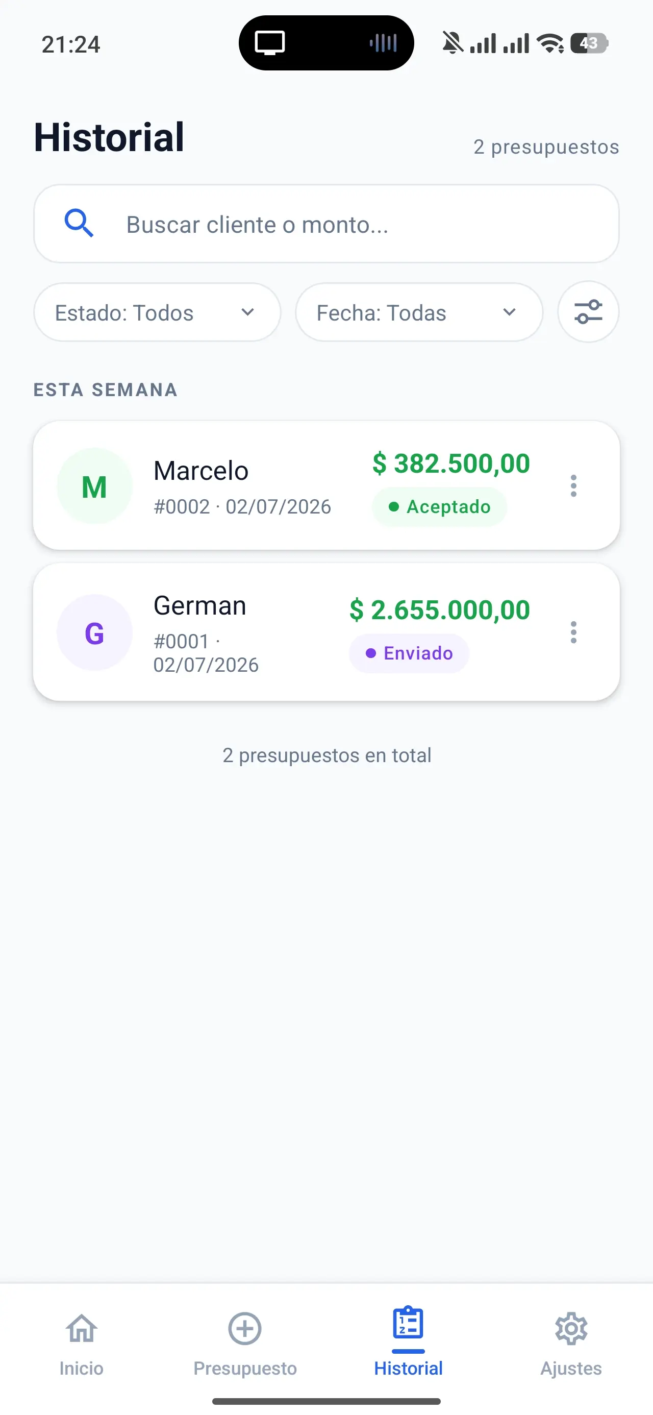 Historial de presupuestos enviados en PresuPDF